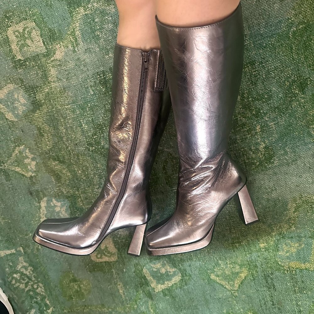 Jeffrey Campbell Crinkled Silver Knee-High Block Heel Boots - Picture 12 of 13